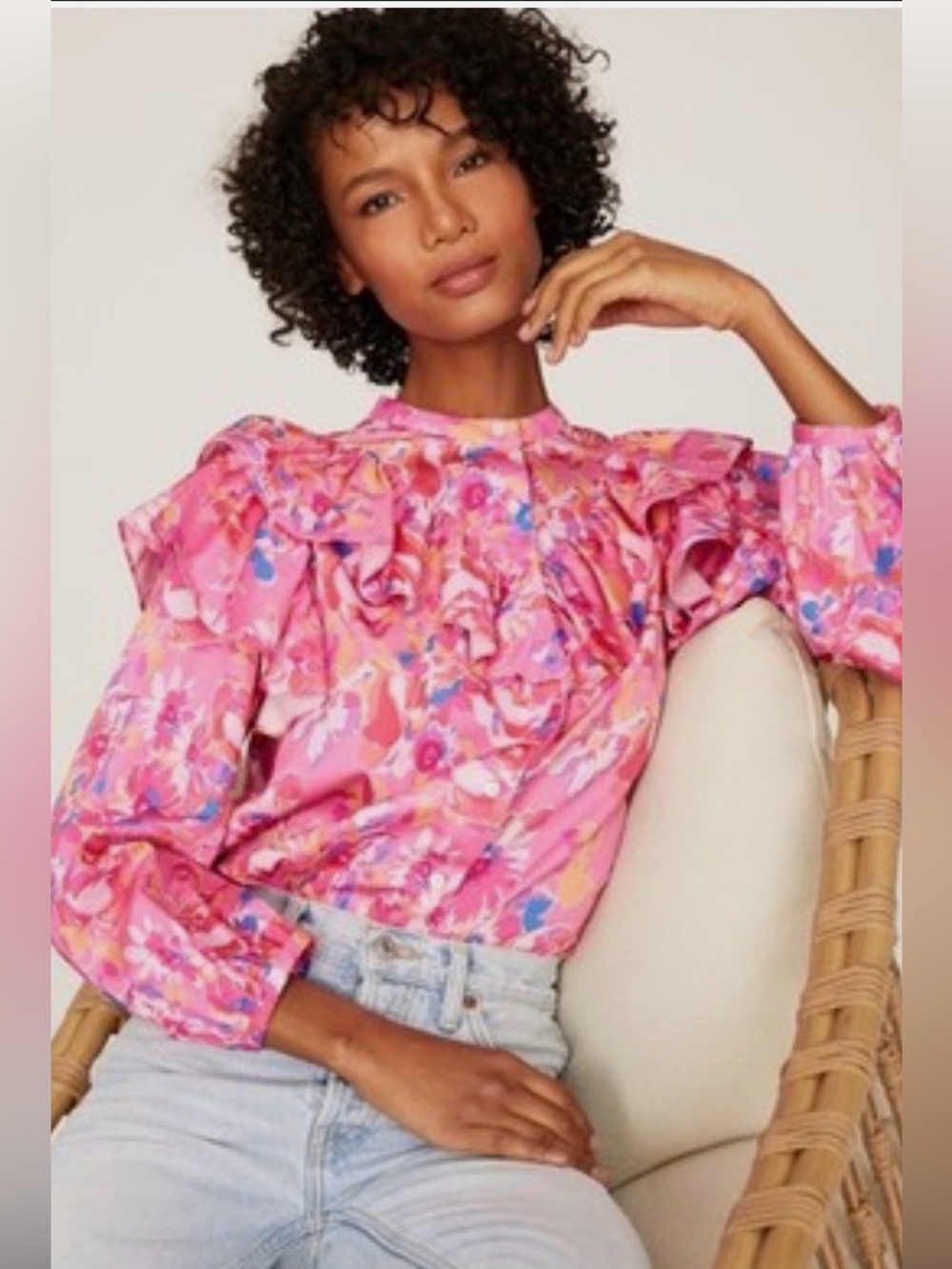 NWT Something Navy Pink Floral Ruffle Blouse Puff Sleeve Top Size Small $125